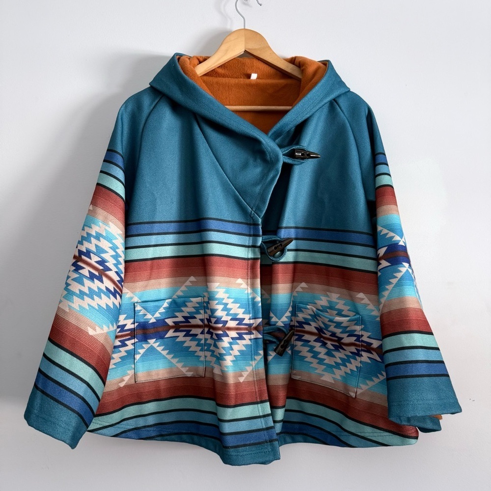 Western Aztec Teal and Multicolour Cape Coat Jacket